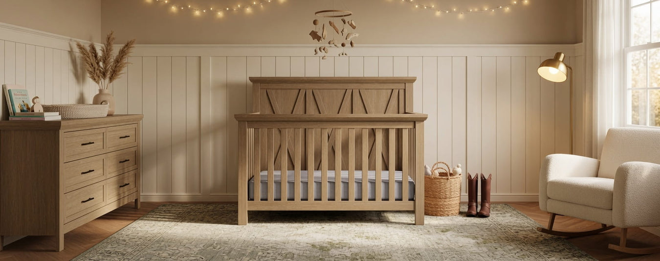 Monogram by Namesake Emory Convertible Crib in Driftwood, shown in a beautiful nursery setting at Kids N Cribs Bay Area