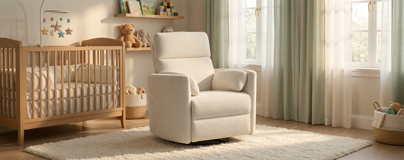 Heritage House power recliner glider in a styled nursery with natural wood crib, soft rug, and sage green curtains – Kids N Cribs