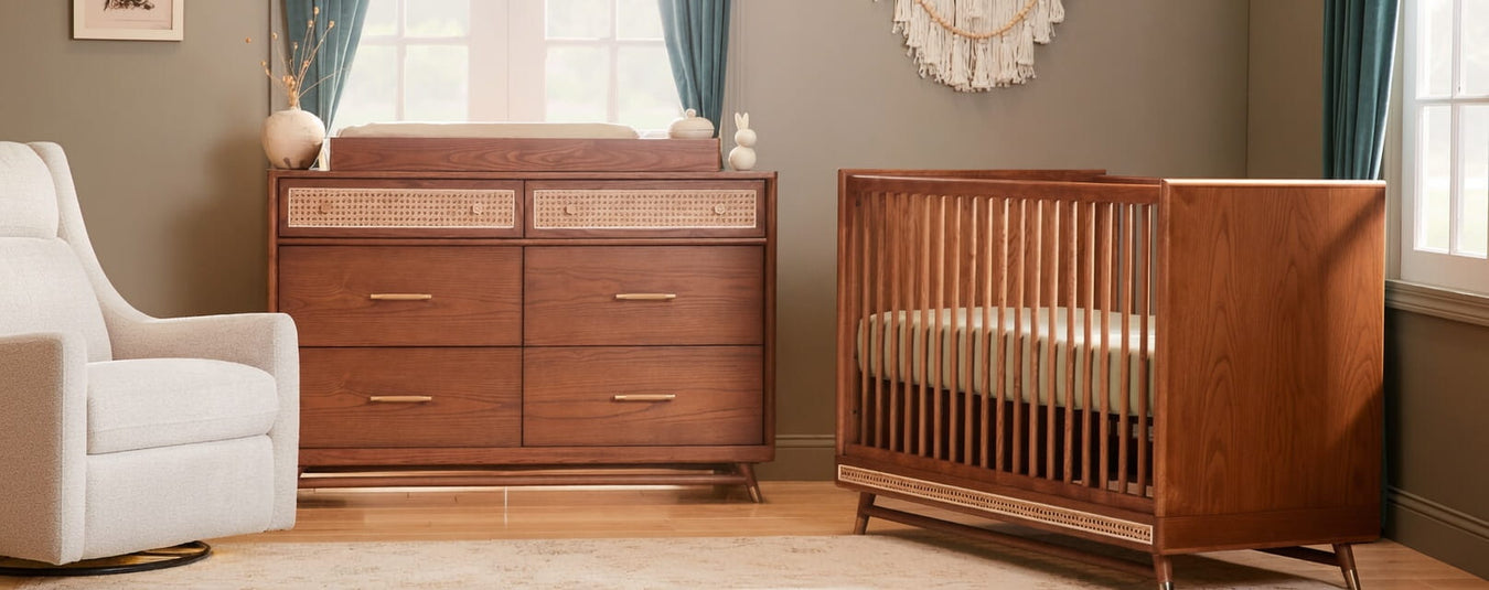 Maxi Cosi Nursery Kindred Everheart Convertible Crib in Natural Heritage, shown in a beautiful nursery setting at Kids N Cribs Bay Area