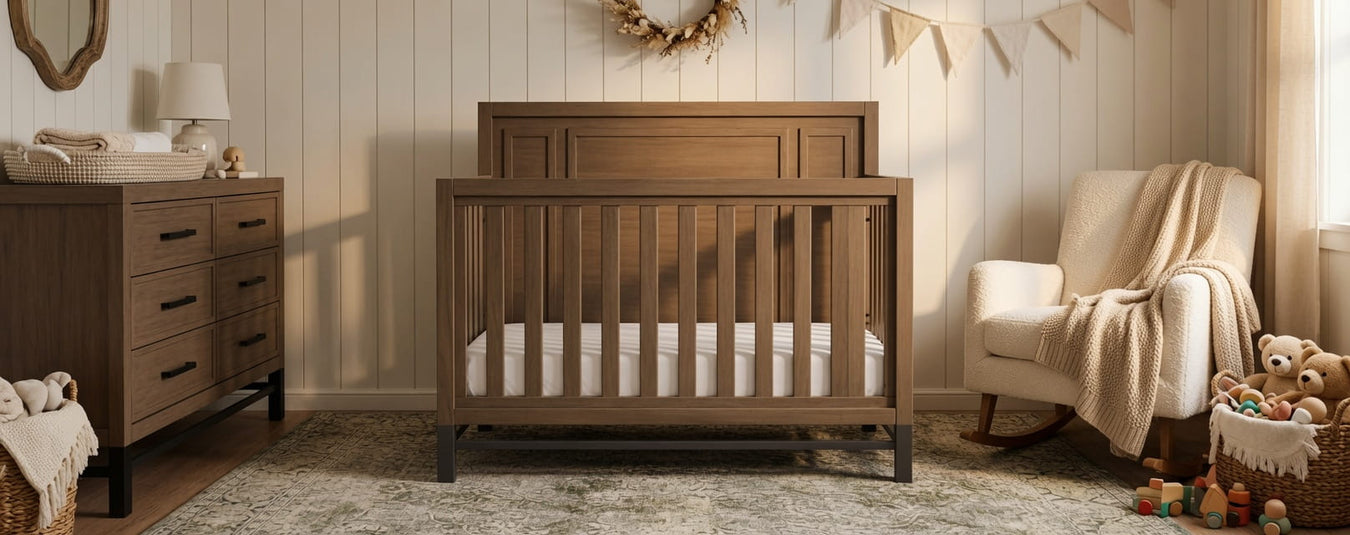 Monogram by Namesake Newbern Convertible Crib in Driftwood, shown in a beautiful nursery setting at Kids N Cribs Bay Area