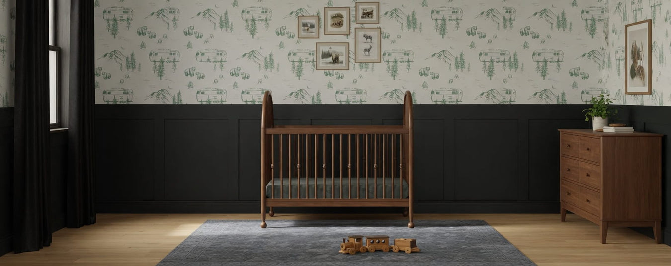 Namesake Alouette Convertible Crib in Natural Walnut, shown in a beautiful nursery setting at Kids N Cribs Bay Area