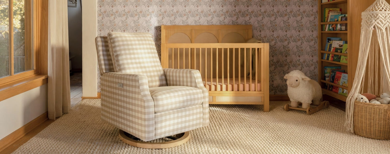 Namesake Crewe Recliner in Tan Gingham, shown in a beautiful nursery setting at Kids N Cribs Bay Area