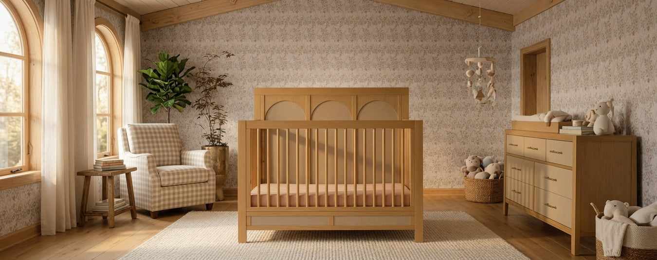 Namesake Eloise Convertible Crib in Honey, shown in a beautiful nursery setting at Kids N Cribs Bay Area