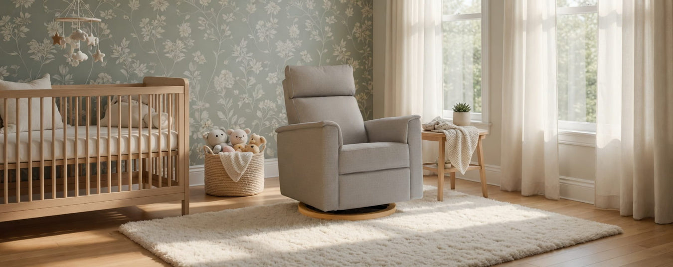 Namesake Willa Plus Glider in Eco Grey, shown in a beautiful nursery setting at Kids N Cribs Bay Area