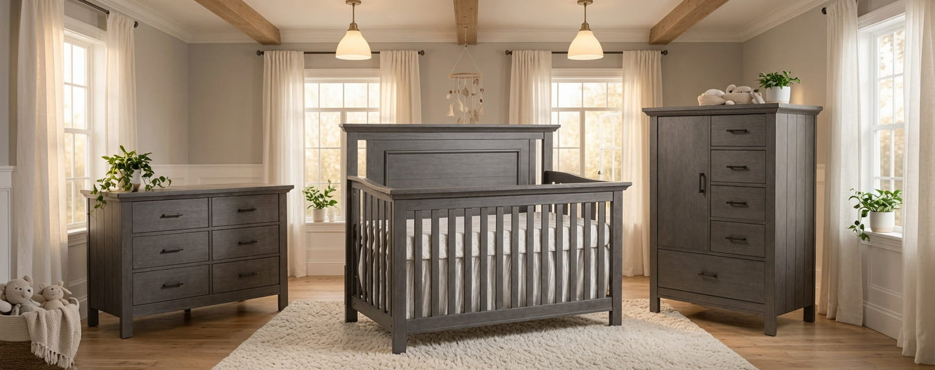 Pali Como Flat Convertible Crib in Distressed Granite, shown in a beautiful nursery setting at Kids N Cribs Bay Area