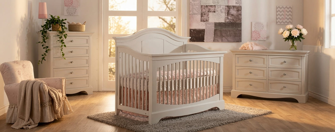 Pali Enna Convertible Crib in Vintage White, shown in a beautiful nursery setting at Kids N Cribs Bay Area