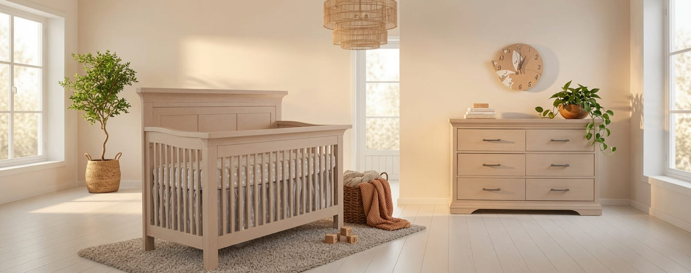 Pali Genova Convertible Crib in Sandstone, shown in a beautiful nursery setting at Kids N Cribs Bay Area