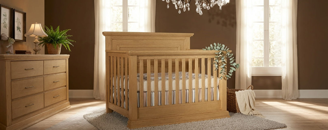 Pali Modena Convertible Crib in Vintage Natural, shown in a beautiful nursery setting at Kids N Cribs Bay Area