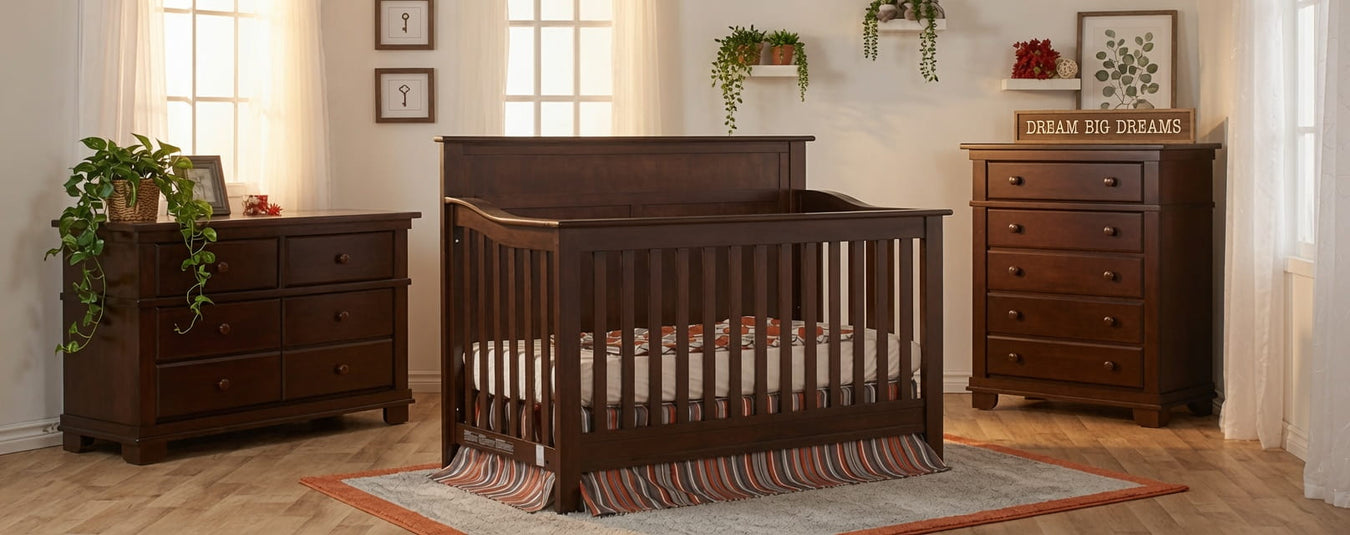 Pali Napoli Flat Convertible Crib in Moccachino, shown in a beautiful nursery setting at Kids N Cribs Bay Area