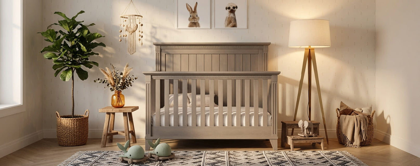 Silva Furniture Edison Convertible Crib in Ash, shown in a beautiful nursery setting at Kids N Cribs Bay Area
