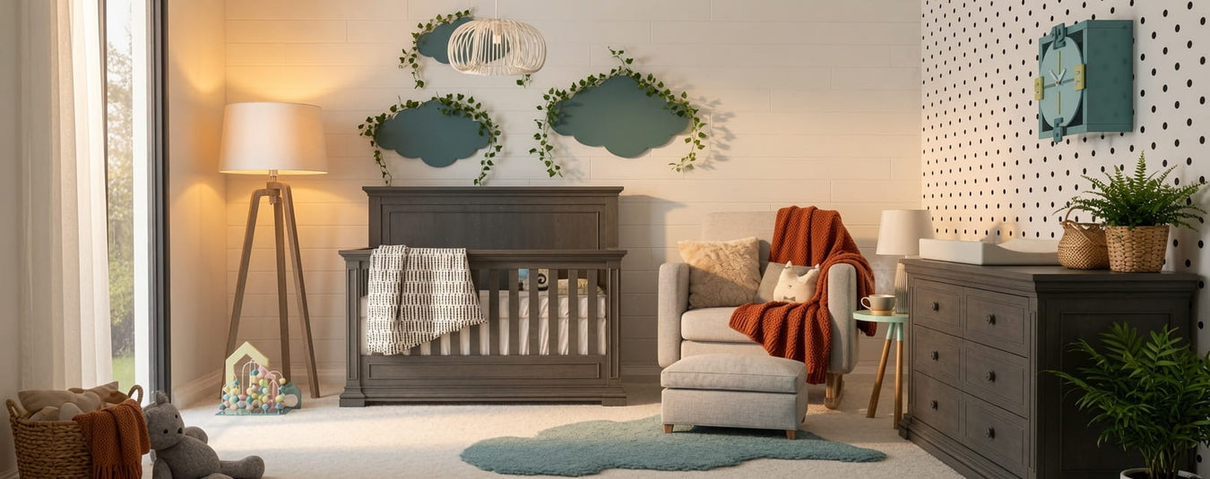 Silva Furniture Jackson Convertible Crib in Aqua Grey, shown in a beautiful nursery setting at Kids N Cribs Bay Area