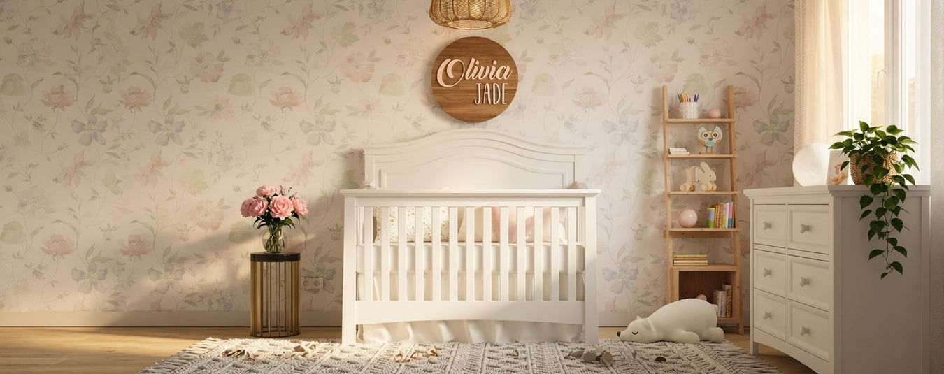 Silva Furniture Serena Convertible Crib in White, shown in a beautiful nursery setting at Kids N Cribs Bay Area