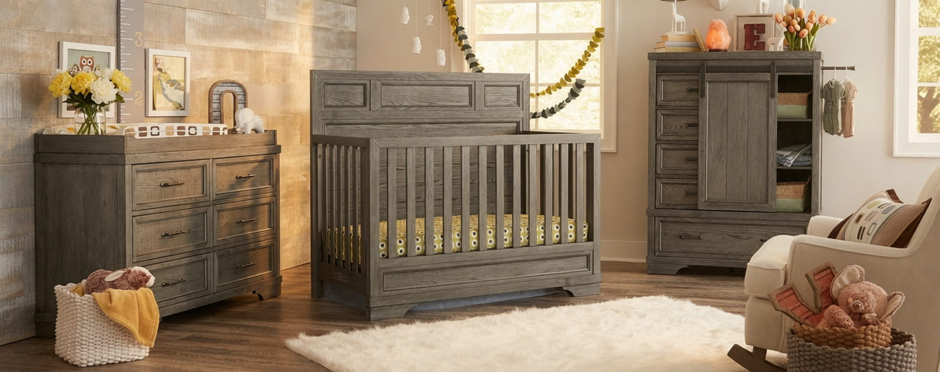 Westwood Foundry Flat Convertible Crib in Brushed Pewter, part of our premium Westwood nursery furniture sets collection at Kids N Cribs Bay Area