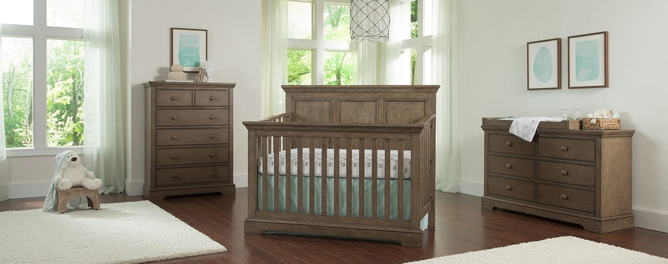 Westwood Hanley Convertible Crib in Cashew, shown in a beautiful nursery setting at Kids N Cribs Bay Area
