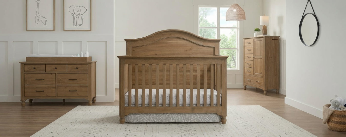 Westwood Highland Convertible Crib in Sand Dune, shown in a beautiful nursery setting at Kids N Cribs Bay Area