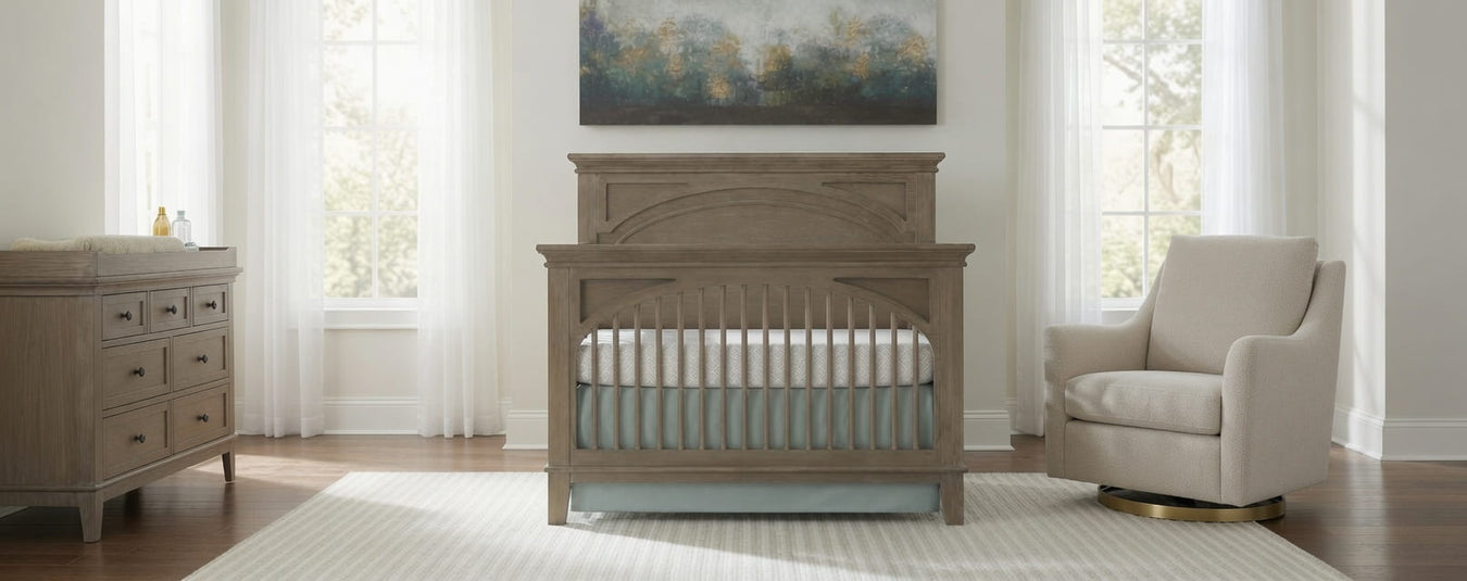 Westwood Leland Convertible Crib in Sandwash, shown in a beautiful nursery setting at Kids N Cribs Bay Area