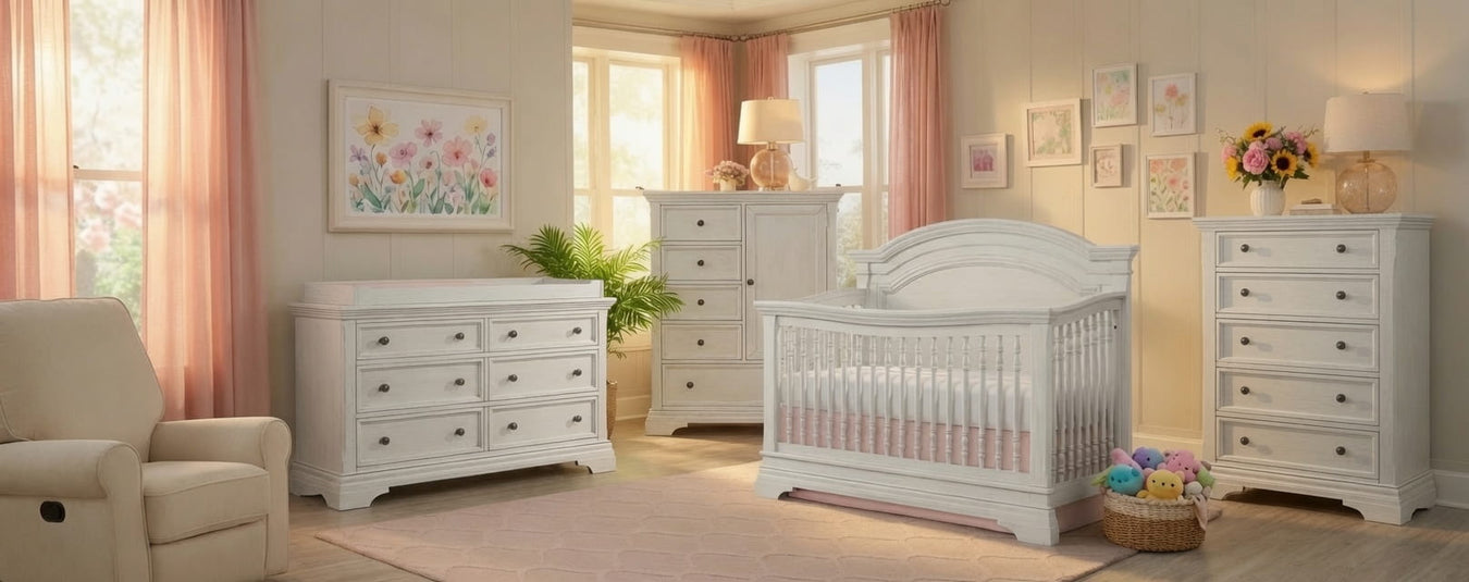 Westwood Olivia Arch Convertible Crib in Brushed White, shown in a beautiful nursery setting at Kids N Cribs Bay Area