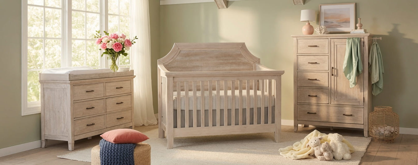 Westwood Remi Clip Convertible Crib in Sugarcoat, shown in a beautiful nursery setting at Kids N Cribs Bay Area