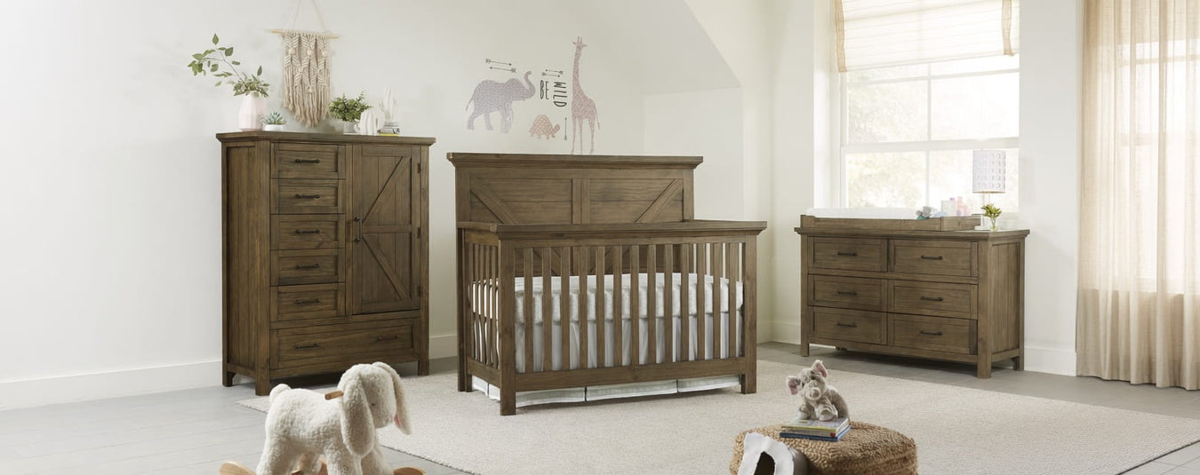 Westwood Westfield Convertible Crib in Harvest Brown, shown in a beautiful nursery setting at Kids N Cribs Bay Area