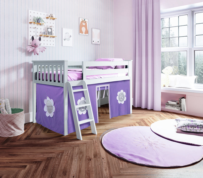 Jackpot Kids York 3 Twin Low Loft Bed with Purple & White Play Curtain