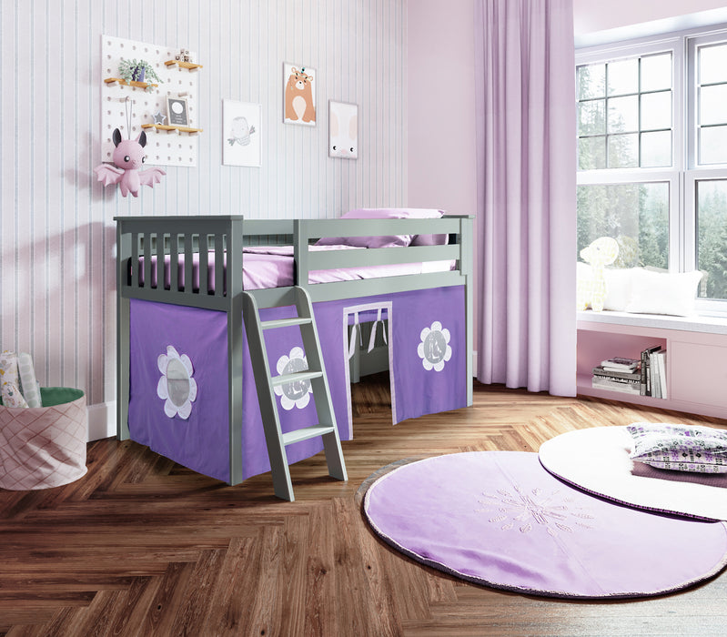 Jackpot Kids York 3 Twin Low Loft Bed with Purple & White Play Curtain