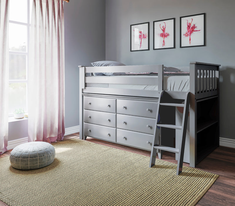 Jackpot Kids Windsor Twin Low Loft Bed with 6-Drawer Dresser & Bookcase