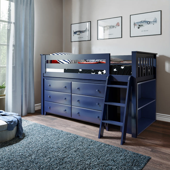 Jackpot Kids Windsor Twin Low Loft Bed with 6-Drawer Dresser & Bookcase