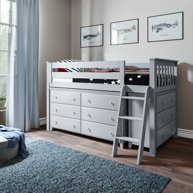 Jackpot Kids Windsor 1 Twin Low Loft Bed with 6-Drawer & 3-Drawer Dressers