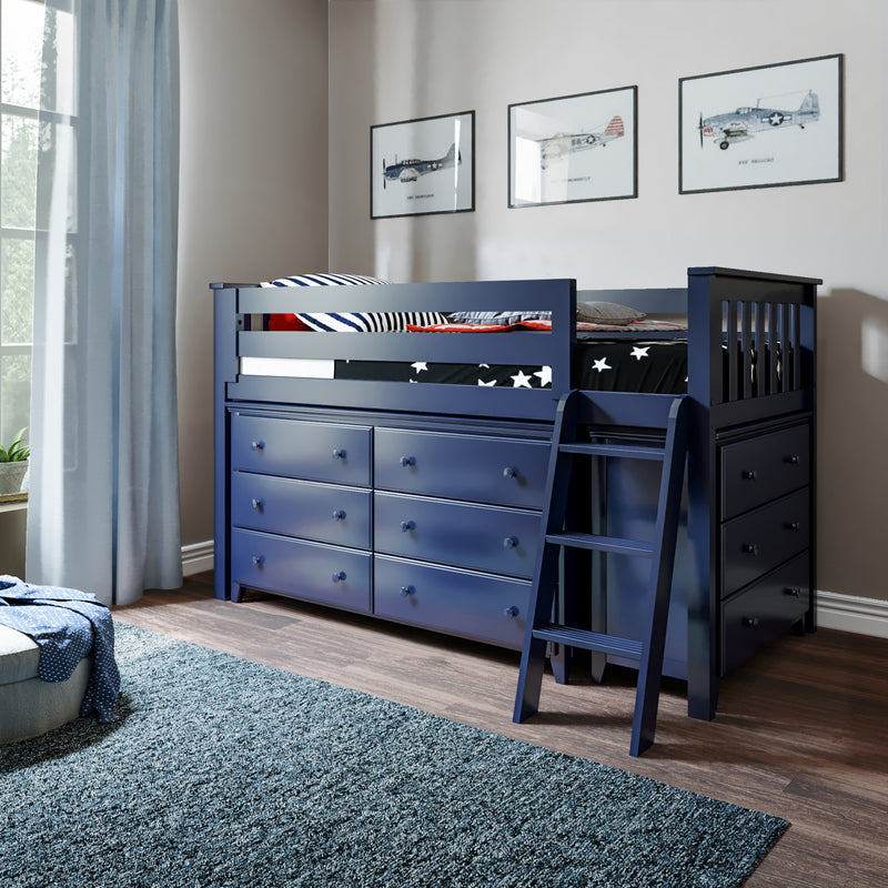 Jackpot Kids Windsor 1 Twin Low Loft Bed with 6-Drawer & 3-Drawer Dressers