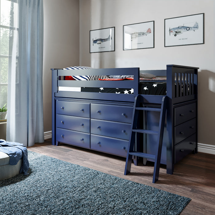 Jackpot Kids Windsor 1 Twin Low Loft Bed with 6-Drawer & 3-Drawer Dressers