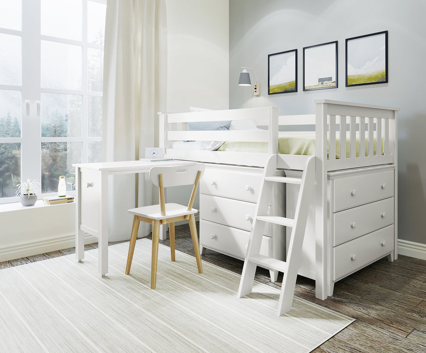 Jackpot Kids Windsor 3 Twin Low Loft Bed with Dual Dressers, Bookcase & Pull-Out Desk