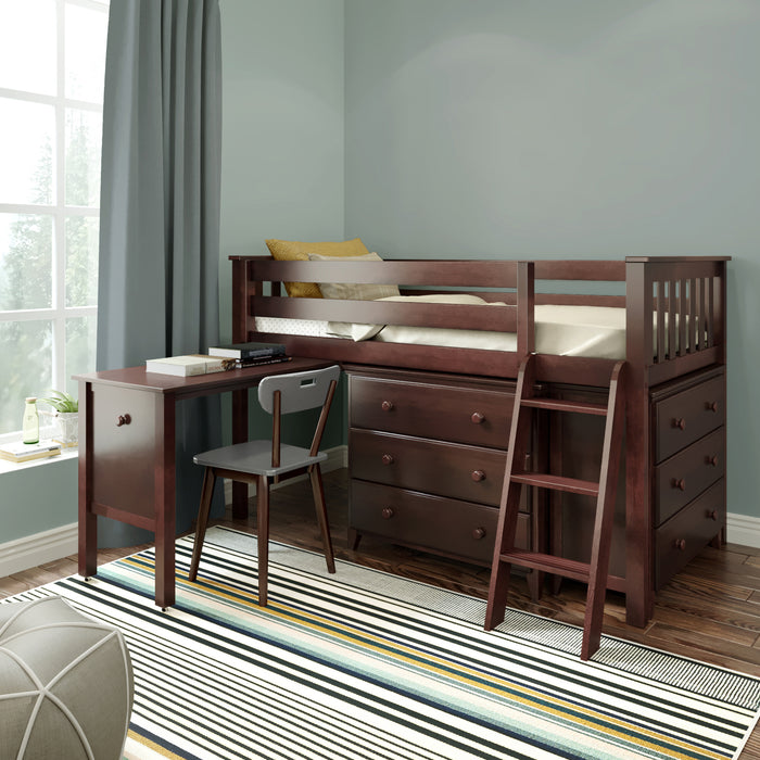 Jackpot Kids Windsor 3 Twin Low Loft Bed with Dual Dressers, Bookcase & Pull-Out Desk