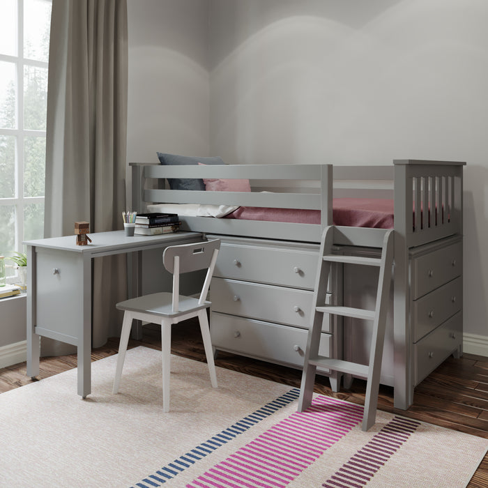 Jackpot Kids Windsor 3 Twin Low Loft Bed with Dual Dressers, Bookcase & Pull-Out Desk