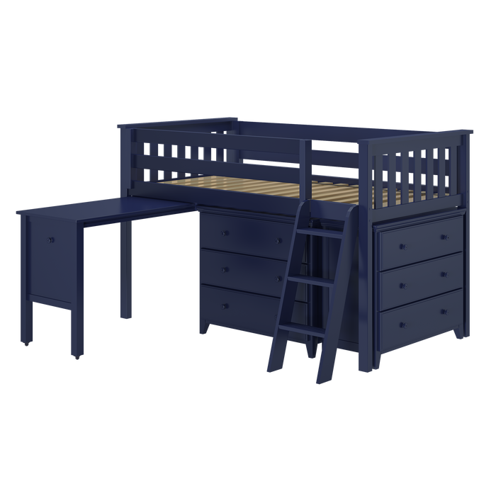 Jackpot Kids Windsor 3 Twin Low Loft Bed with Dual Dressers, Bookcase & Pull-Out Desk