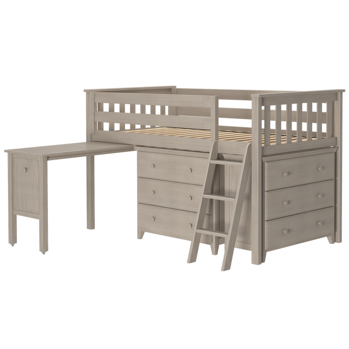 Jackpot Kids Windsor 3 Twin Low Loft Bed with Dual Dressers, Bookcase & Pull-Out Desk