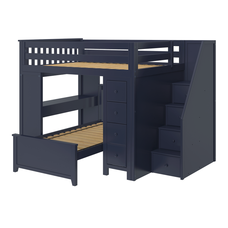 Jackpot Kids Buxton 4 All-In-One Full Loft Bed with Staircase, Desk, Storage & Lower Twin Bed