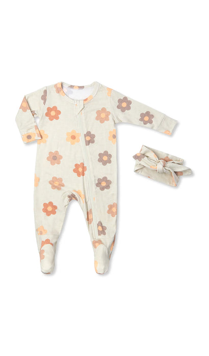 Everly Grey Daisies Footie & Headband Set