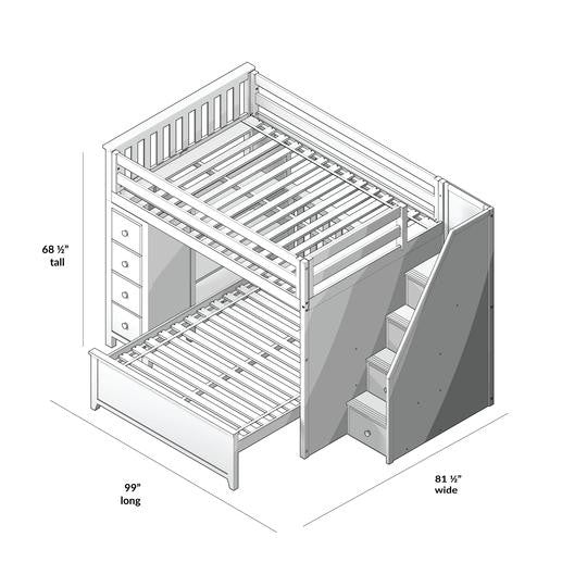 Jackpot Kids Cheltenham 1 All-In-One Full Loft Bed with Staircase, Storage & Lower Full Bed