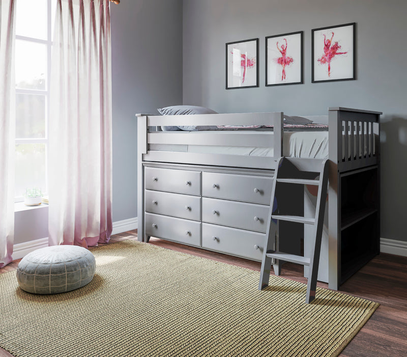 Jackpot Kids Windsor Twin Low Loft Bed with 6-Drawer Dresser & Bookcase