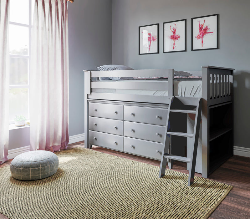 Jackpot Kids Windsor Twin Low Loft Bed with 6-Drawer Dresser & Bookcase