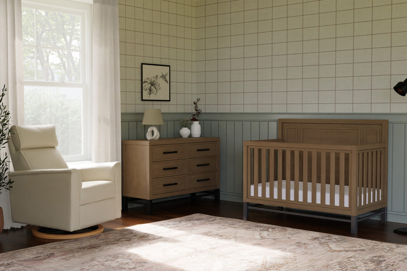 Monogram by Namesake Newbern Convertible Crib in Driftwood, shown in a beautiful nursery setting at Kids N Cribs Bay Area
