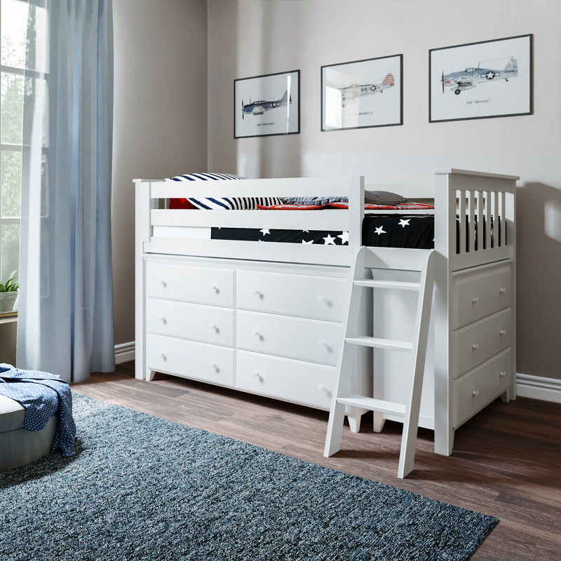 Jackpot Kids Windsor 1 Twin Low Loft Bed with 6-Drawer & 3-Drawer Dressers