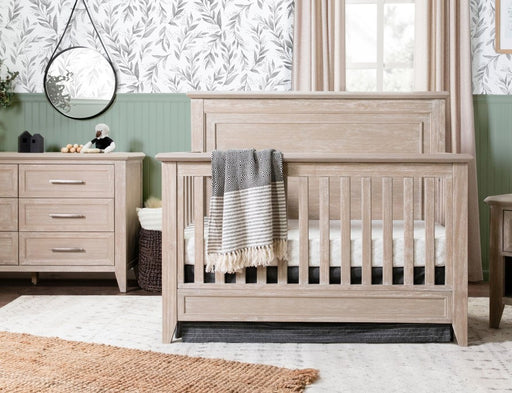 Complete Beckett Sandbar nursery furniture package with crib, dresser, and bookcase