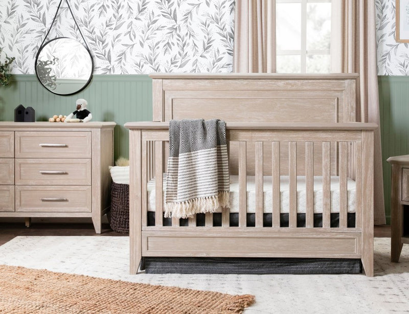 Complete Beckett Sandbar nursery furniture package with crib, dresser, and bookcase