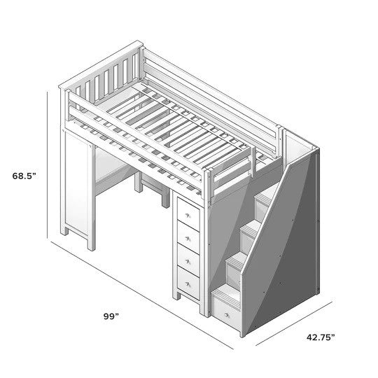 Jackpot Kids Chester 3 All-In-One Twin Loft Bed with Staircase, Desk & Storage
