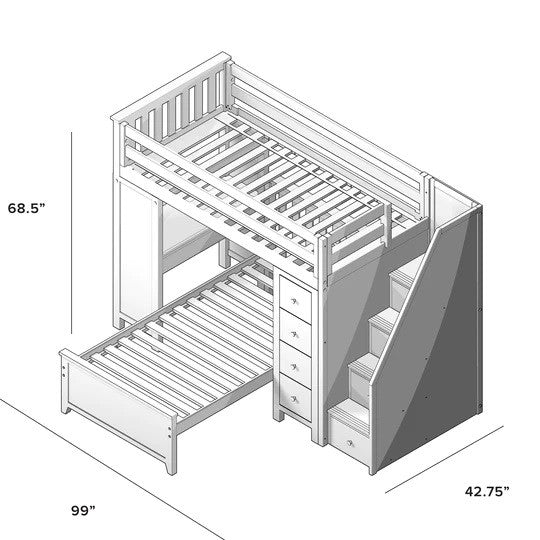 Jackpot Kids Chester 4 All-In-One Twin Loft Bed with Staircase, Desk, Storage & Lower Bed