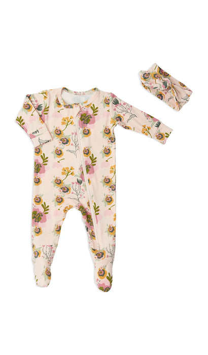 Everly Grey Camellia Footie & Headband Set