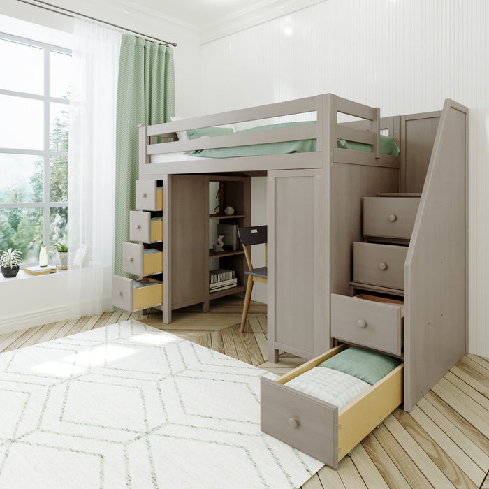 Jackpot Kids Chester 3 All-In-One Twin Loft Bed with Staircase, Desk & Storage