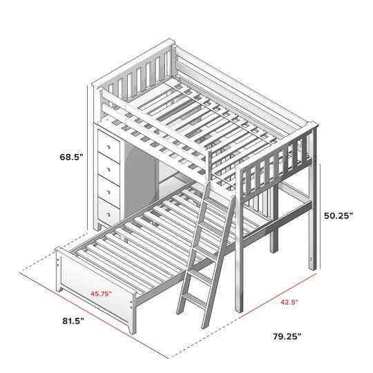 Jackpot Kids Edinburgh 1 Twin All-in-One Ladder Loft Bed with Lower Bed & Storage Tower