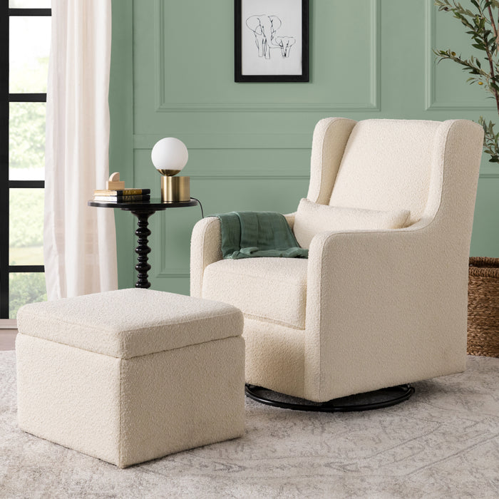Davinci Adrian Swivel Glider with Storage Ottoman in Ivory Boucle
